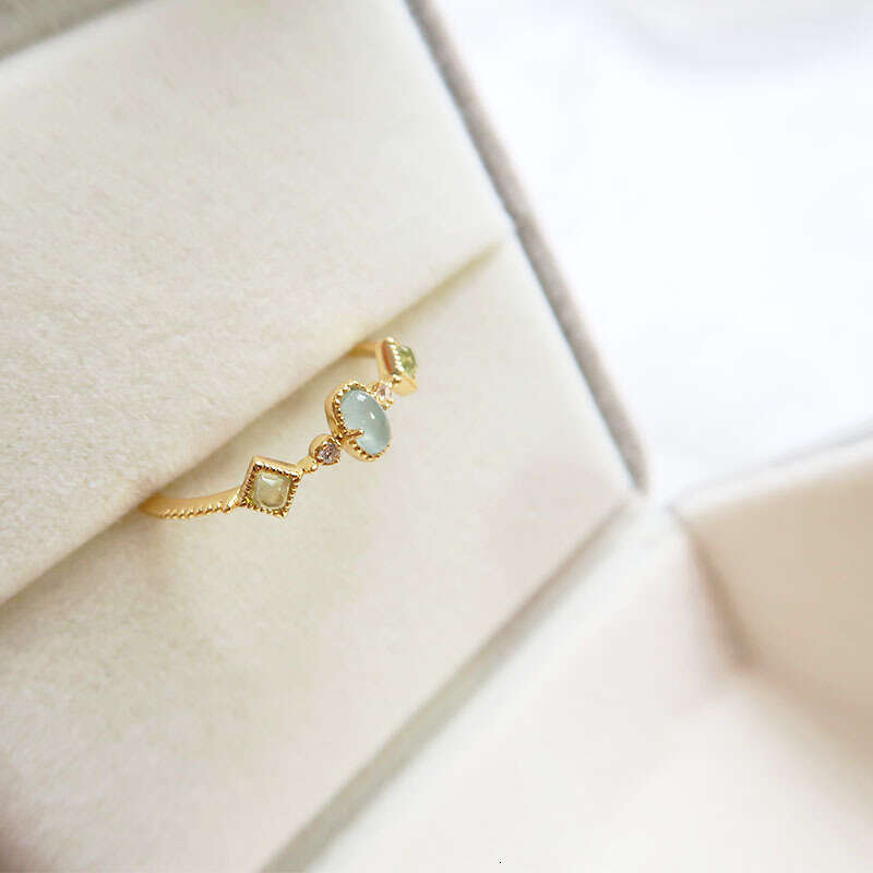 High Imitation Aquamarine Roman Glass Green Crystal Colorful Ring for Women, Niche High-end