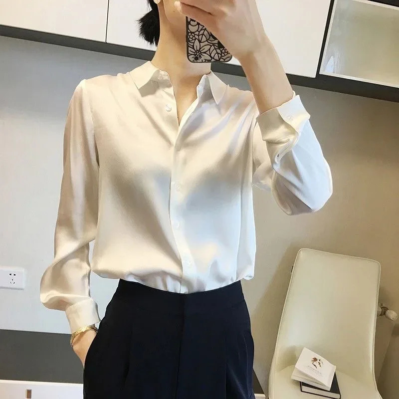 Stylish Womens Autumn Simulation Silk Shirt Heavy Satin Surface Top For Chic Fashion 250617