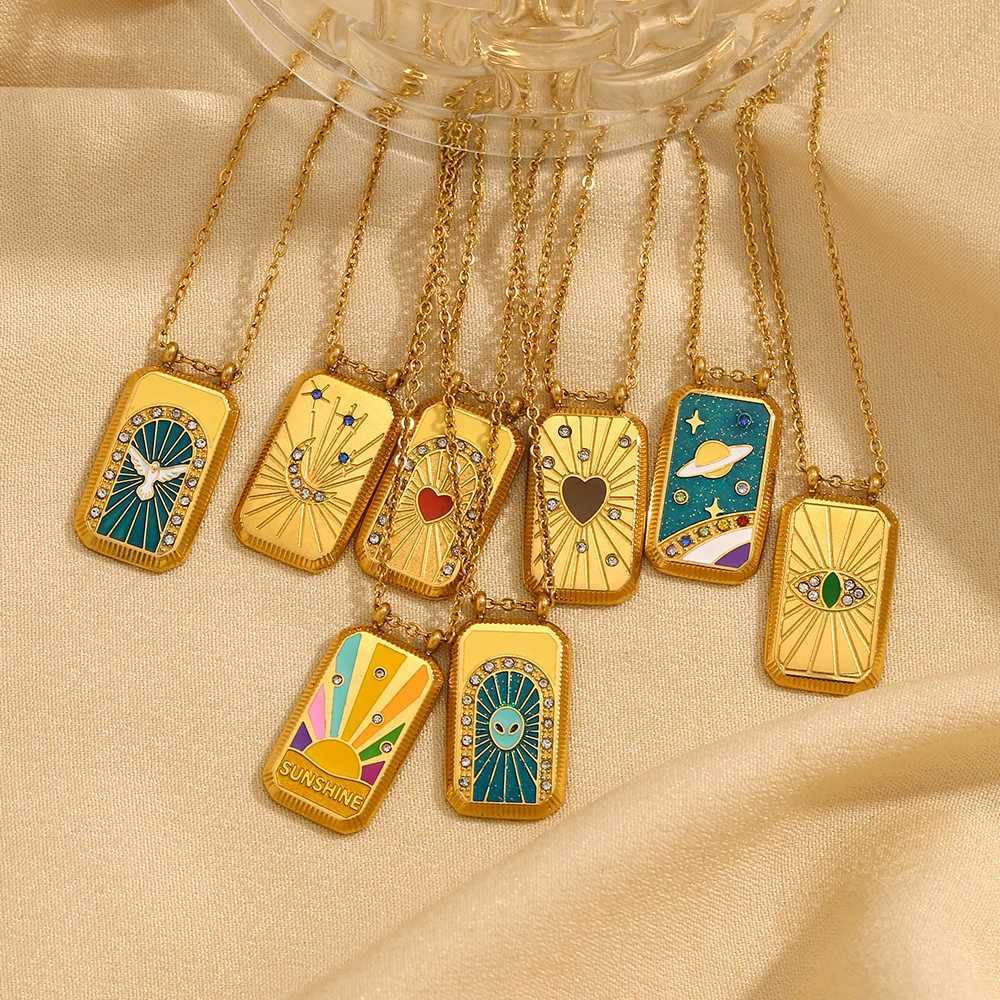 E.B.belle Multicolor Rectangle Tarot Cards Series Pendant Necklace Stainless Steel 18K Gold Plated Womens Jewelry W250618