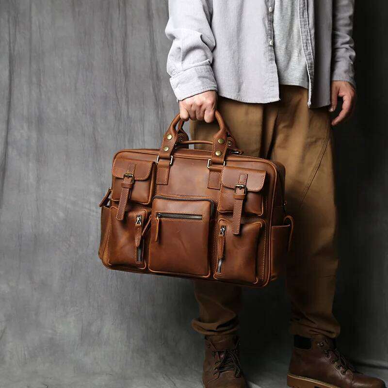 Retro Men's Handbag Top Layer Cowhide Briefcase Large Capacity Travel Crazy Horse Leather Laptop Shoulder Bag NZPJ