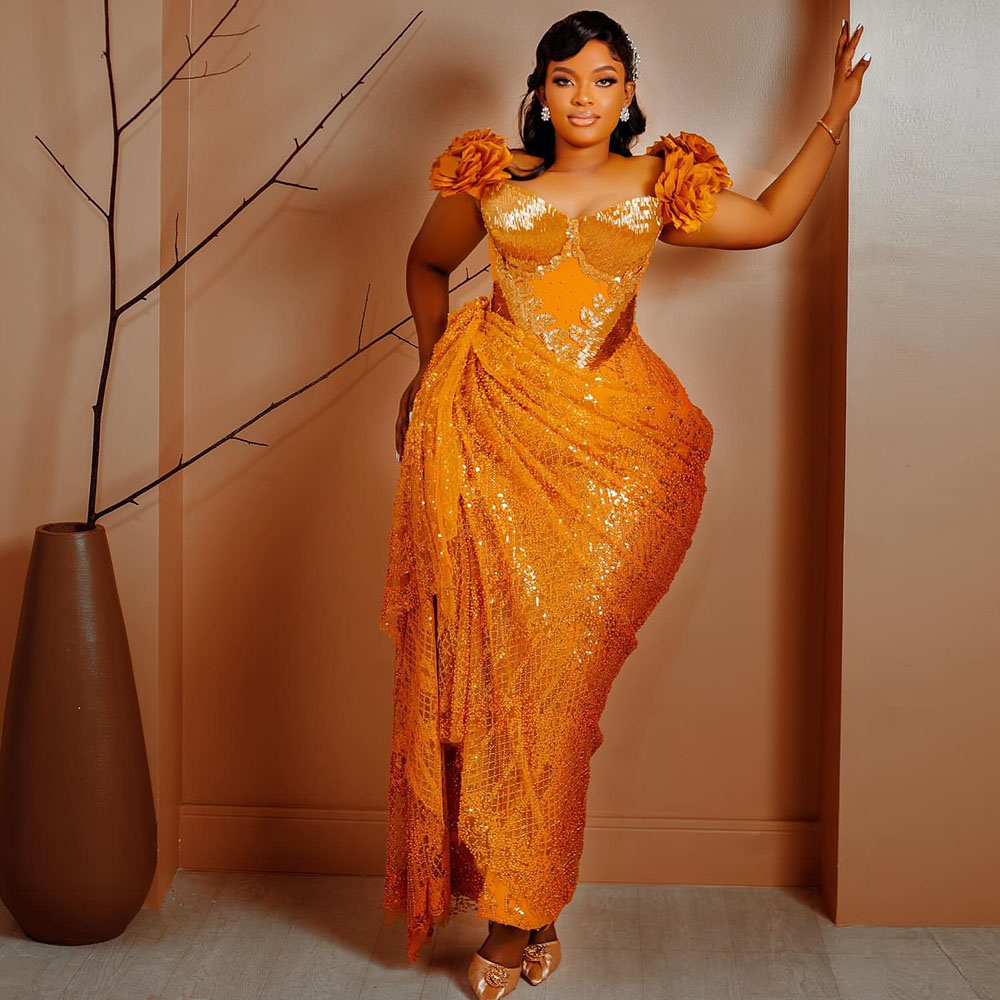 Orange Mermaid Evening Dresses Off Shoulder Lace Beading Long Mermaid Prom Gowns Aso Ebi Party Dress Customized