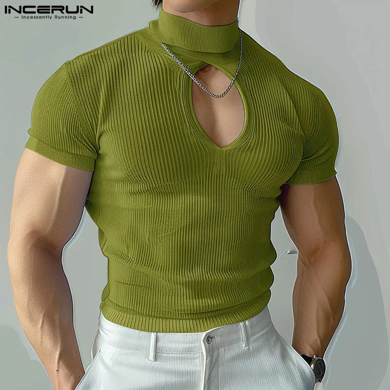 INCERUN Men T Shirt Turtleneck Short Sleeve Hollow Out Solid Color Skinny Men Clothing Streetwear Knitted Summer Tee Tops 250617