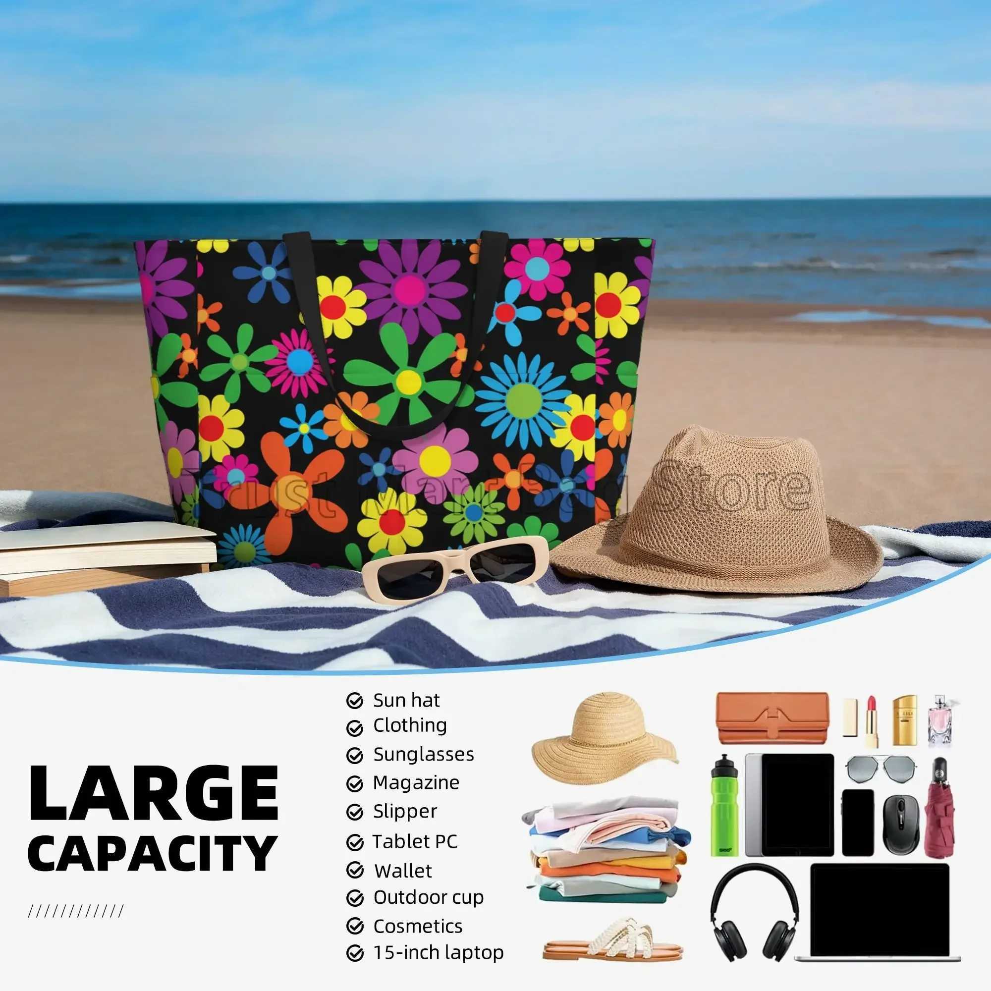 ie Flowers Large Beach Tote Bag Waterproof Sandproof Zipper Beach Tote Bags for Pool Gym Grocery Travel B250618