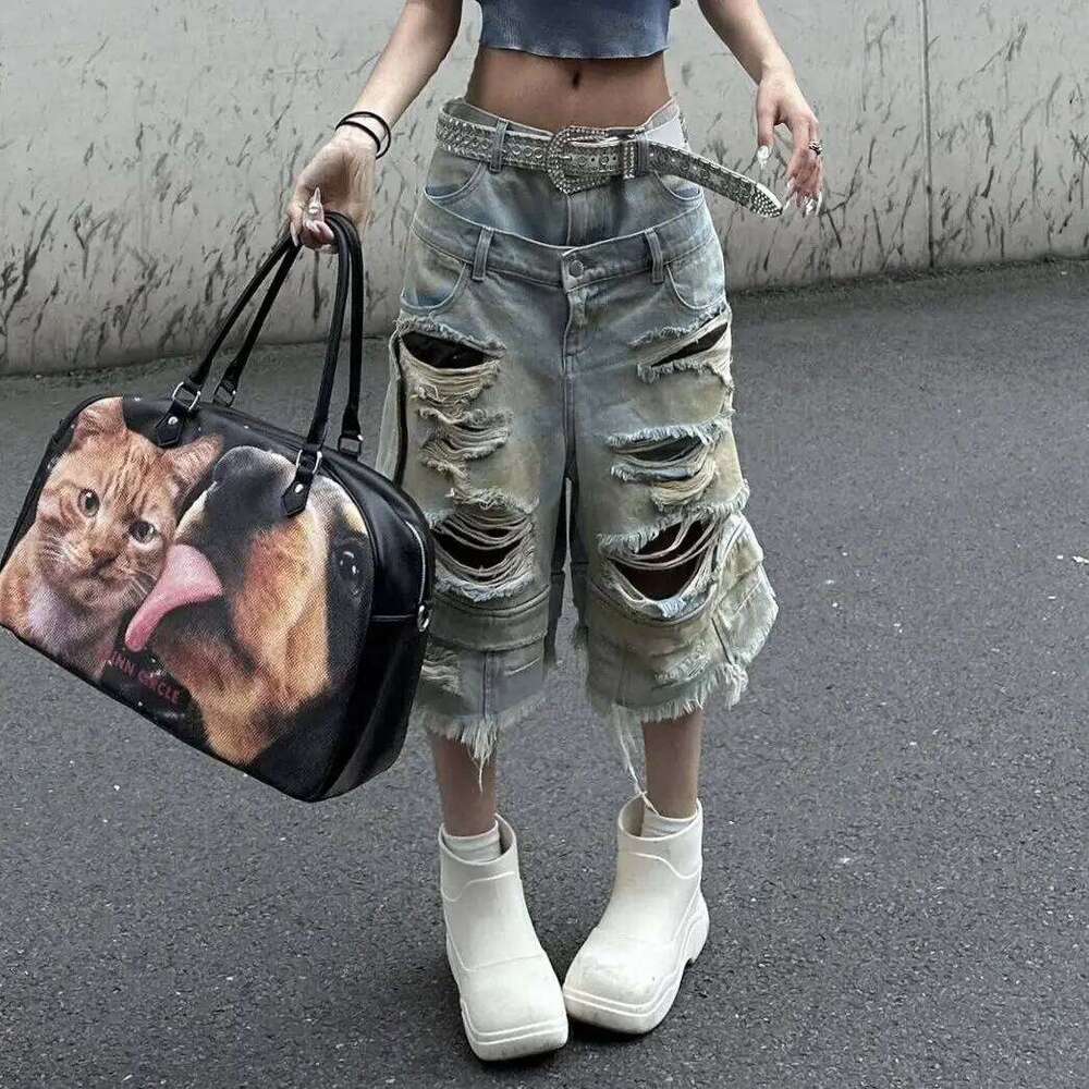 Wear Retro Double Waist Wash Old Ripped Jeans For Women New Fashion Street Wide-Leg Pants Haruku Y2k Cropped Shorts