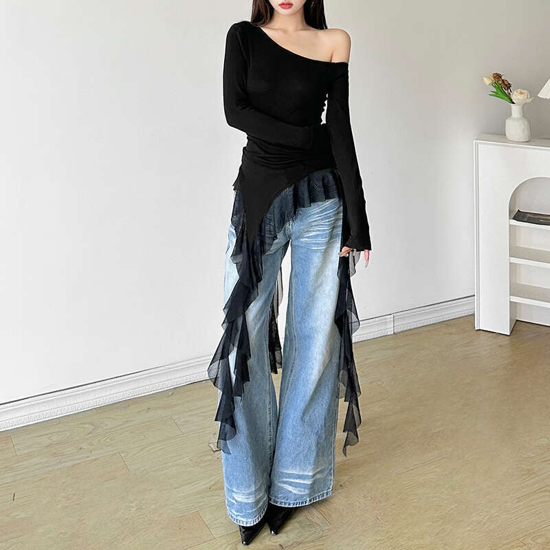 Autumn New Women's Solid Color Slim Fit Street Fashion Asymmetric Neck Long Sleeve Top B5