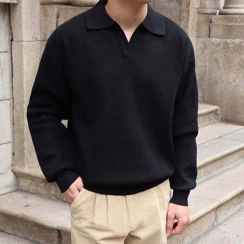 Fashion Solid Color Men Polo Kint Shirt Autumn Long Sleeve Turn-down V-neck Sweater Casual Jumper Tops Mens Knitwear Clothe 250617