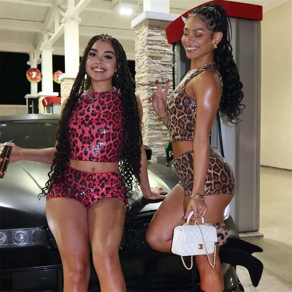 Autumn New Fashion Leopard Print Wild Sexy Slim Fit Short Sleeveless Tank Top And Shorts Set B5