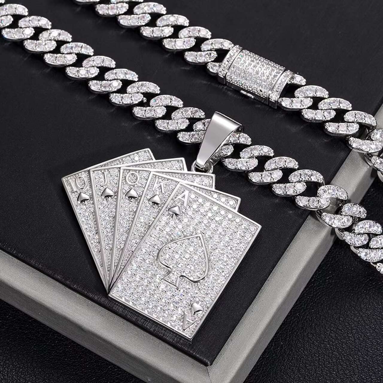 Custom 925 Sterling Silver Royal Flush Poker Pendant Necklace VVS Moissanite Iced Out Jewelry in Hip Hop Style Custom