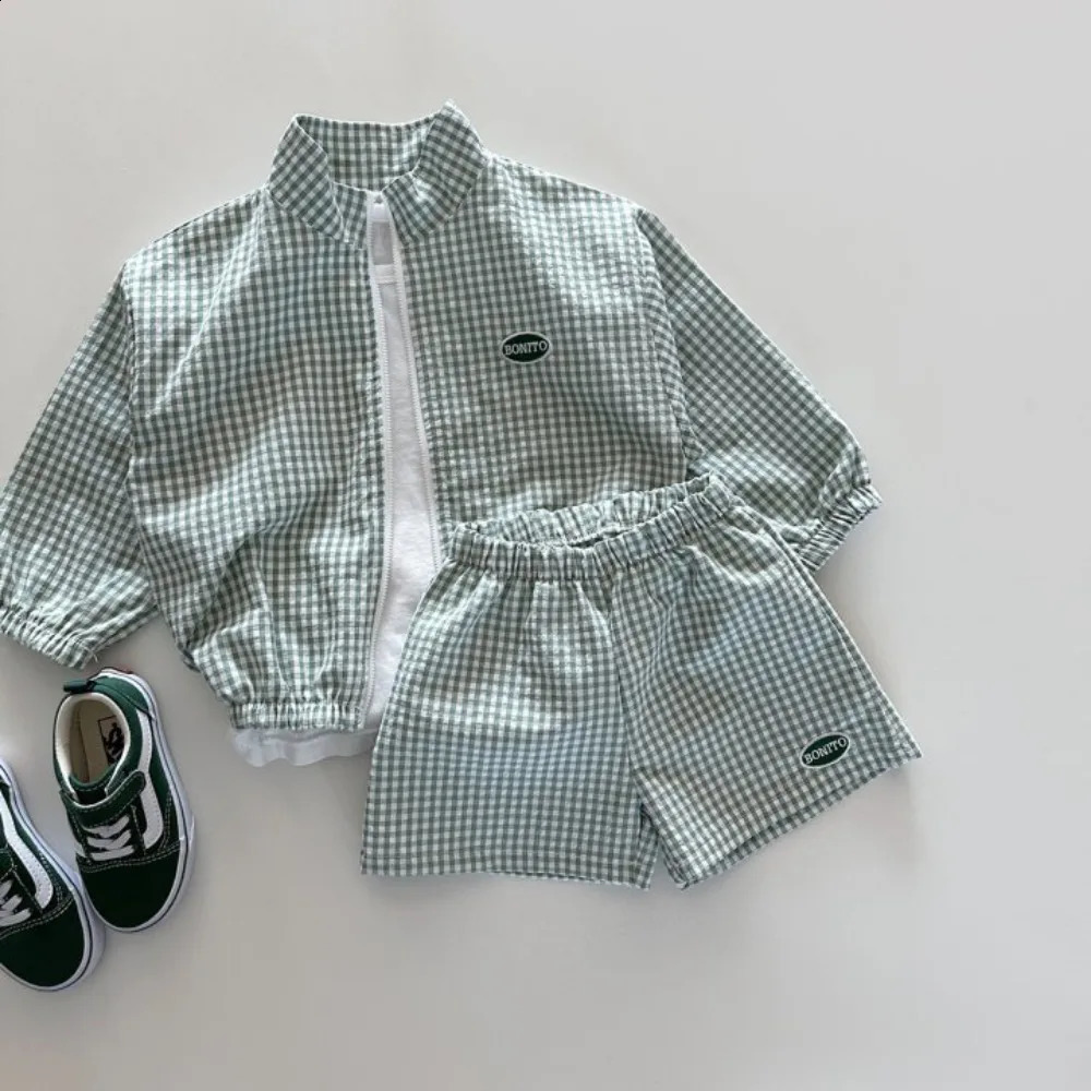 22461 Children Clothing Set Korean Boys Summer Suit Leisure Thin Plaid Zipper Sunscreen CoatShort Two Piece Suit 250617
