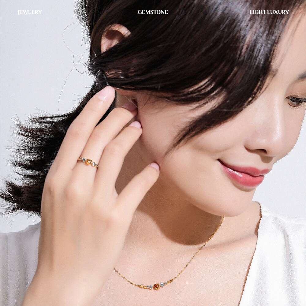 Orange and Sea" Gold-Plated High Imitation Stone Natural Blue Topaz Colorful Light Luxury Versatile Women's Ring