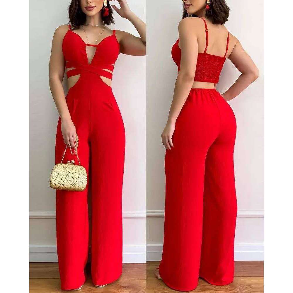 Wear Summer Women Sexy Cutout Shirred Open Back Spaghetti Strap Straight Leg Pants Jumpsuit