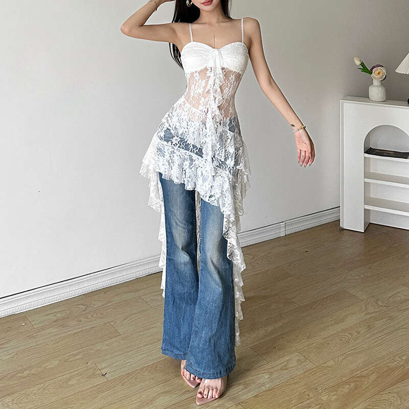 Summer New Women's Solid Color Slim Fit High Waist Fashion Spaghetti Strap Backless Lace Dress B5