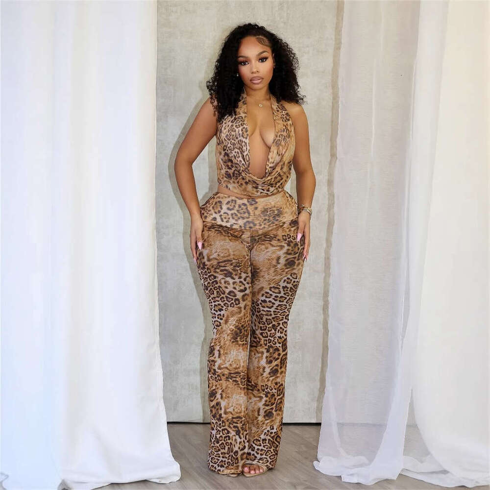 New Leopard Print Slim Fit Sexy Halter Neck Backless Top And Pants Set B5