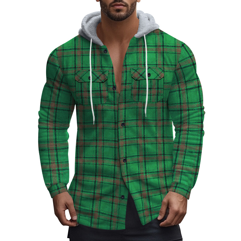 Men's long-sleeved shirts, fashionable checked T-shirts, hooded drawstring cardigans, trendy loose beach jackets European code: S-3XL