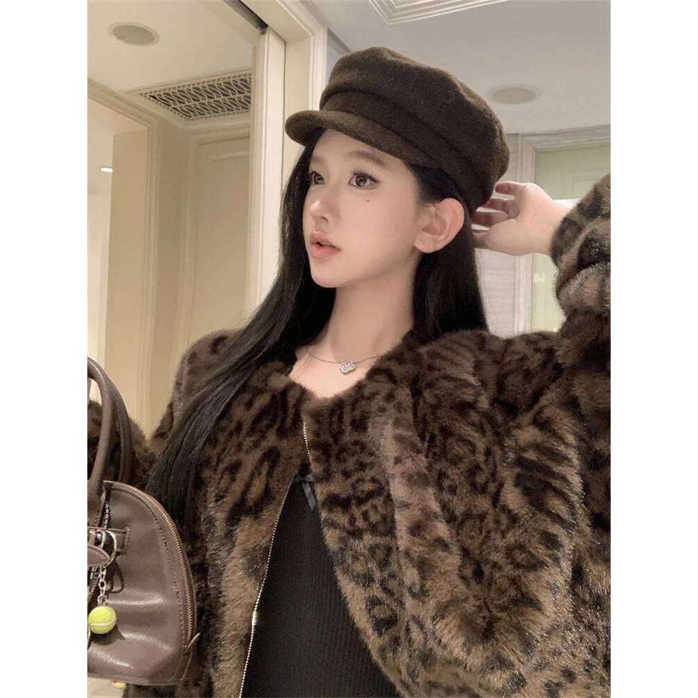 Fashion Women Leopard Fur 2024 Autumn New Plush Fluffy Jackets Zipper Up High Street Sexy Short Winter Coat Jaquetas