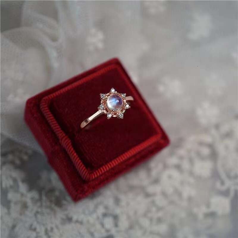 New Natural Moonstone Snowflake Open Ring Women Shiny Crystal Rose Gold Birthday Gift for Her