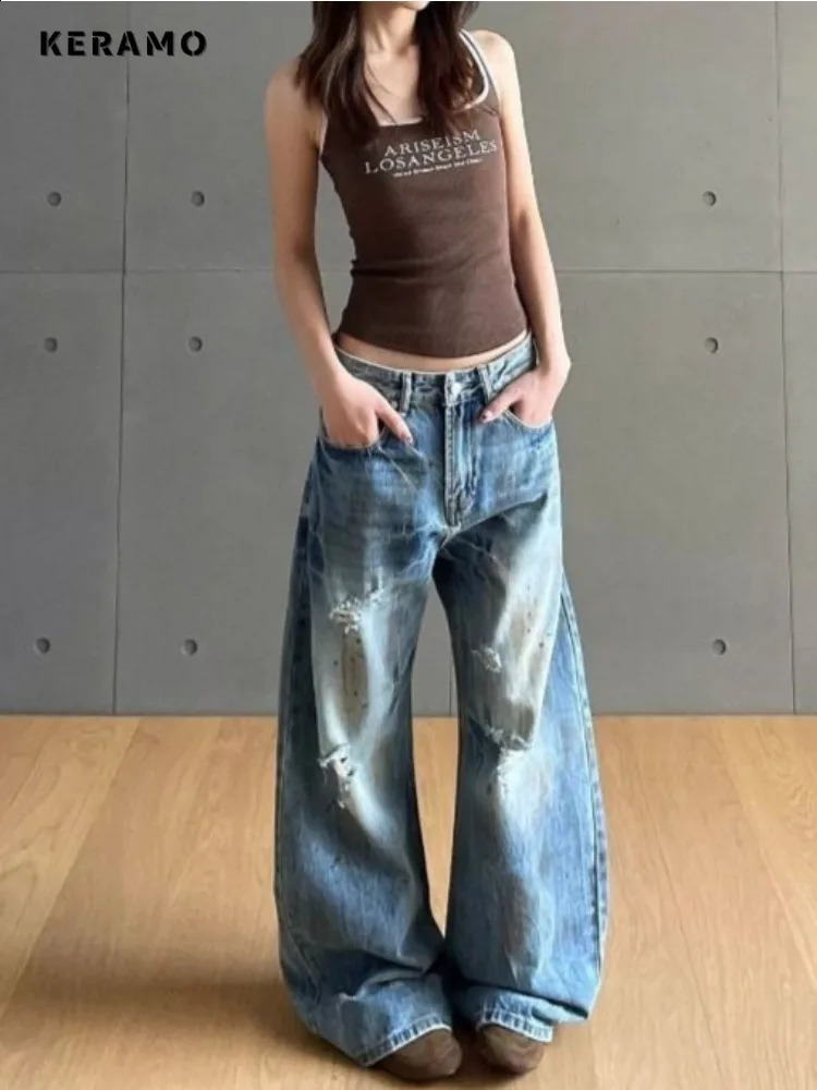 Harajuku Loose Baggy Emo Denim Trouser Womens Casual Damage Retro Full Length Jeans High Waist Y2K 2000s Blue Ripped Pants 250614