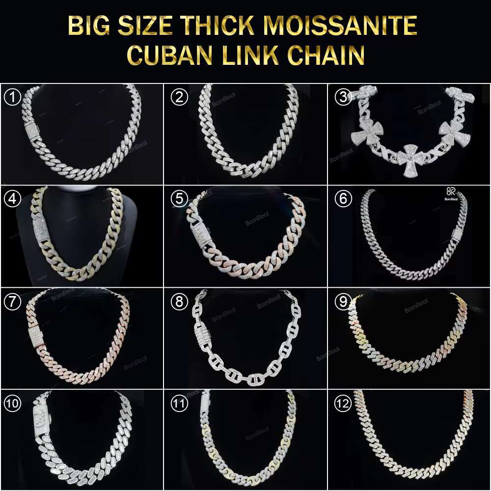 18mm VVS Moissanite Cuban Link Chain Necklace Custom Iced Baguette Straight Line Cuban Chain Hip Hop 925 Silver Jewelry