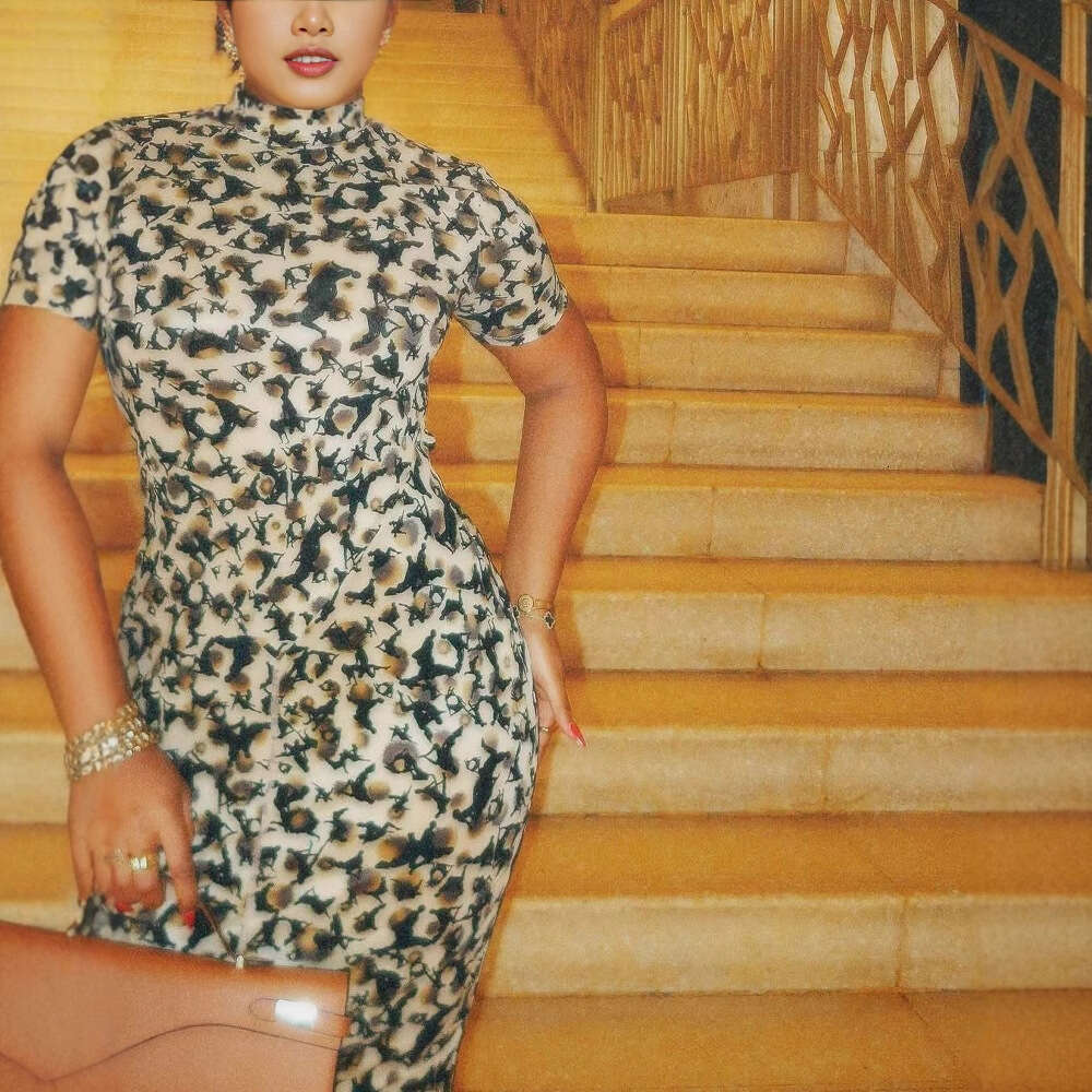 New Fashion Leopard Print Slim Fit Sexy Bodycon Backless Short Sleeve High Neck Long Dress For Women B5