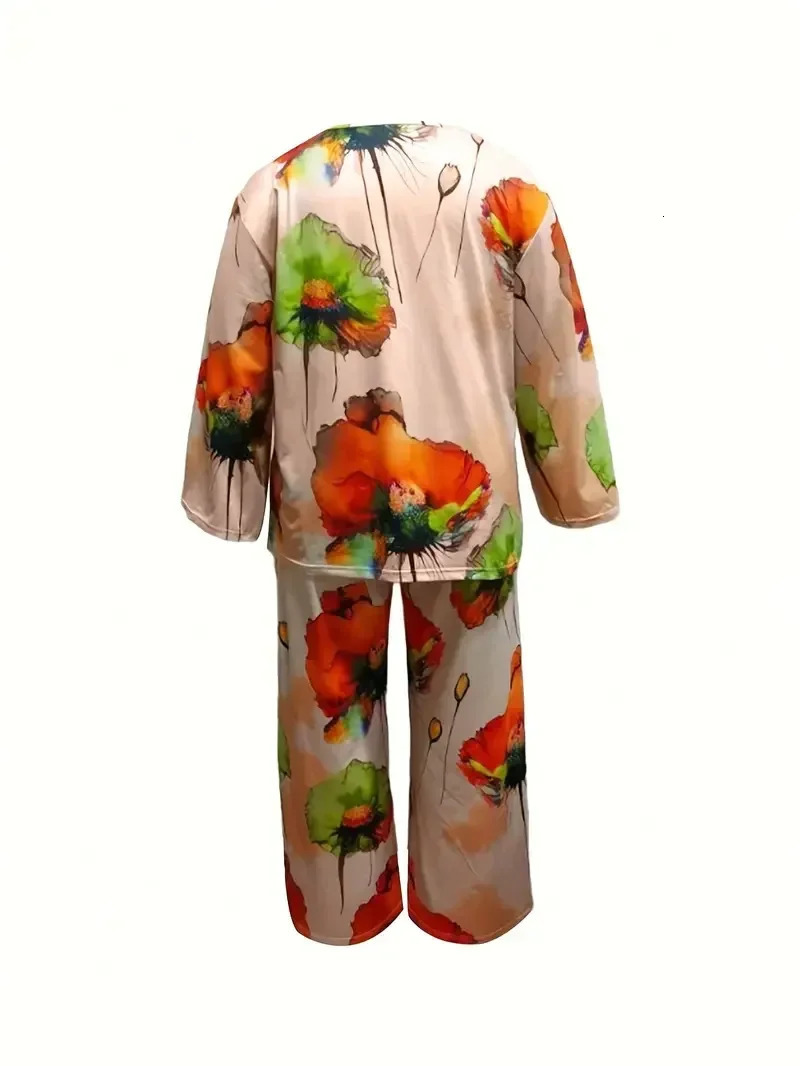Plus Size 1XL5XL Womens Fashion Floral Print Round Neck Top and Long Pants Sets Ladies Casual and Relaxed Twopieces Sets y250609
