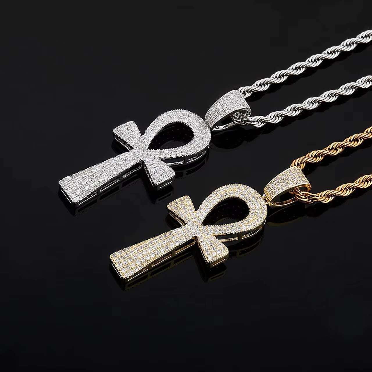 New Trend 14k Gold 925 Silver Hip Hop Style African Egyptian Ankh Cross Moissanite Pendant Chain Necklace Inspired African