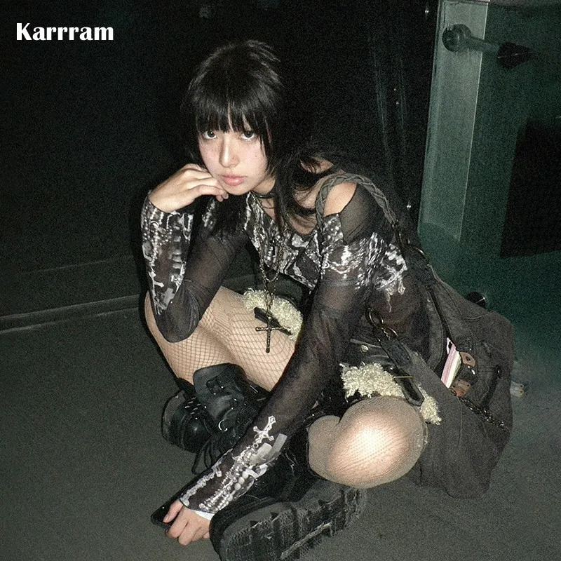 Karrram Grunge Aesthetics Mesh Tops Japanese Y2k Tattoo Print Sheer Tops Vintage Harajuku See Through Long Sleeve T-shirt Gothic 250618