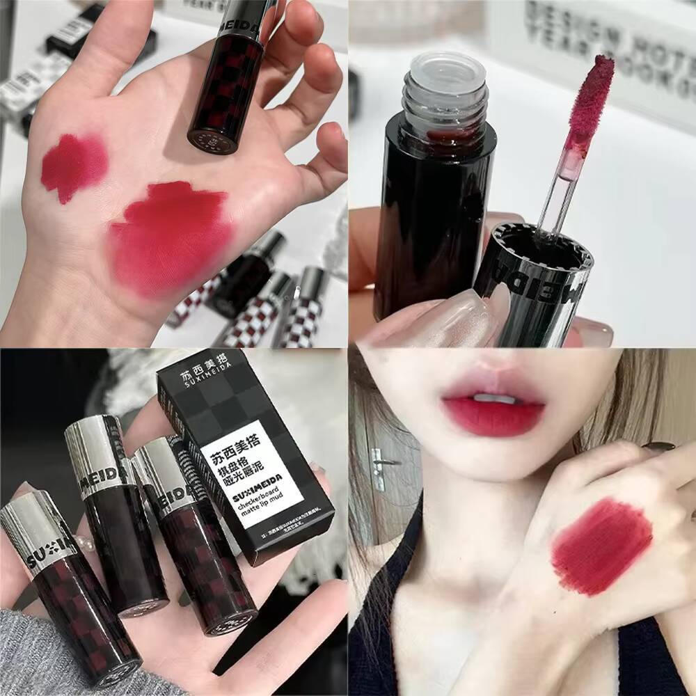 Checkered Nude Purple Matte Mud Mousse Waterproof Punk Red Velvet Gloss Non-Stick Cup Lipstick Tint Lip Makeup happy