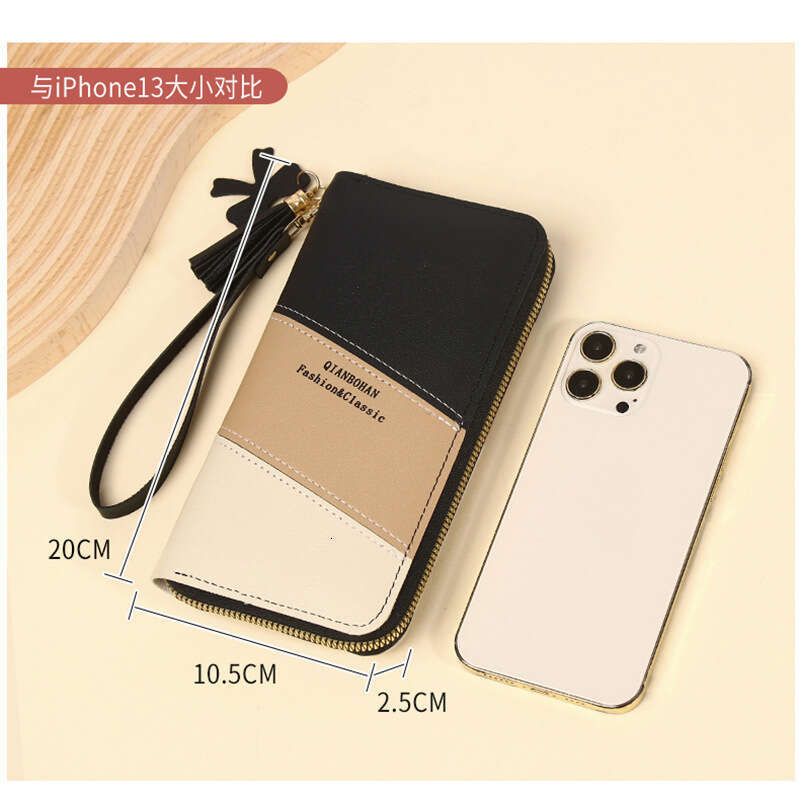 New Style Long Wallet Women, Zipper Purse for Female Students, Korean Version, Color-Block Tassel Versatile Handheld Phone Bag