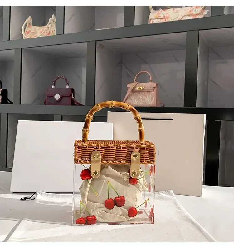 Summer Transparent Acrylic Box Printing Square Bag Bamboo Woven Handmade Handle Handbag Women Holiday Vacation Z250618