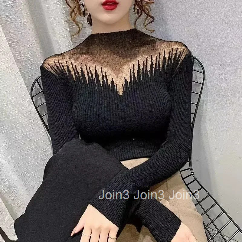 Womens Long Sleeve T-shirt Sexy Coquette Clothes Mesh Turtleneck Top Female Korean Reviews Tee 90s Vintage Aesthetic Clothing