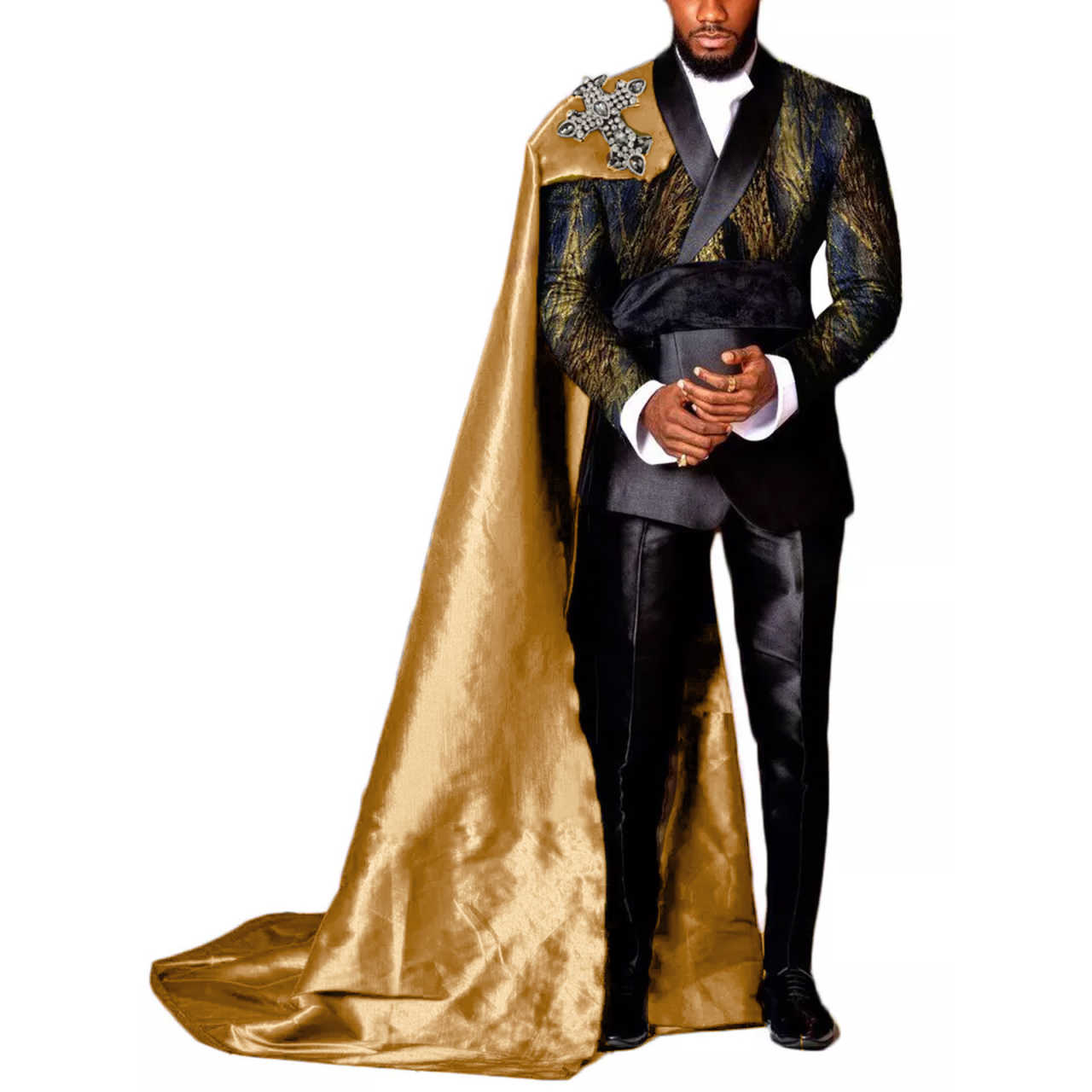 Fashion Modern Men Suit Cross Skull Beetle Applique Shawl Lapel Groom Wear Halloeen Party Tuxedo 3 Pcs (Jacket+Pant+Cape) Customized