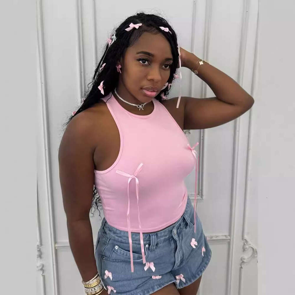 Summer New Slim Fit Fashion Solid Color Bowknot Girl Short Tank Crop Top B5