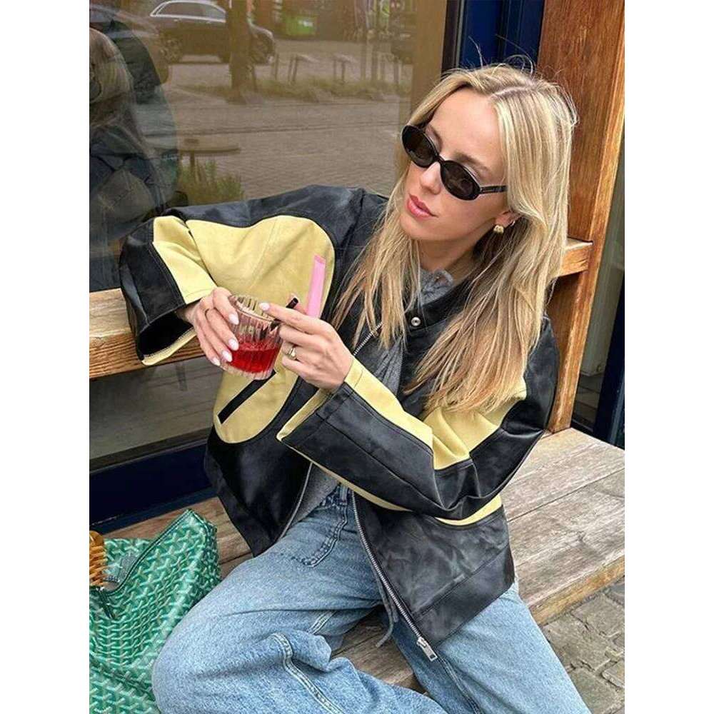 Vintage Contrast Patchwork Women's Leather Jackets O Neck Long Sleeves Zipper Female Motorcycles Coat 2024 Autumn Lady Outwear