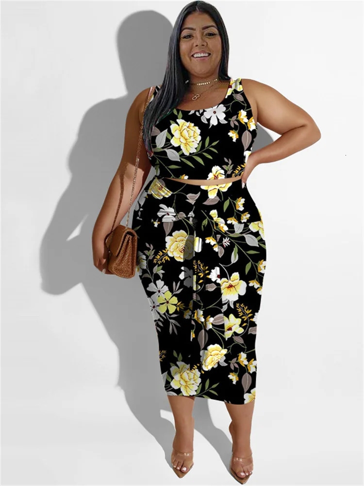 Wmstar Plus Size Dress Sets Women Clothing Floral Printed Two Piece Set Crop Top Bandage Skirts Matching Wholesale Drop 250609