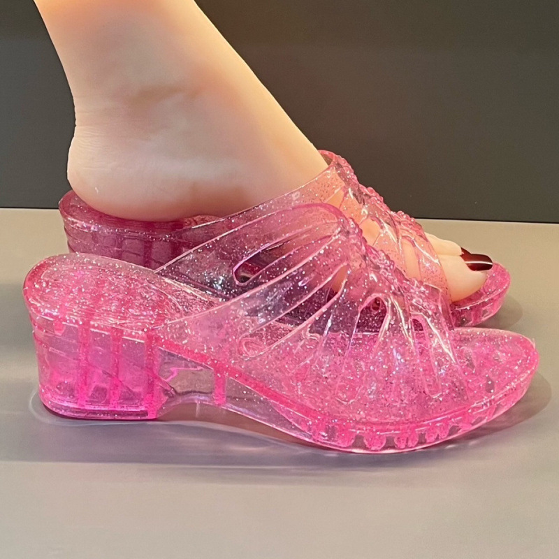 Fashion crystal shoes, transparent fashion women's slippers, thick soled jelly, anti slip and height increasing women's shoes, designer shoe