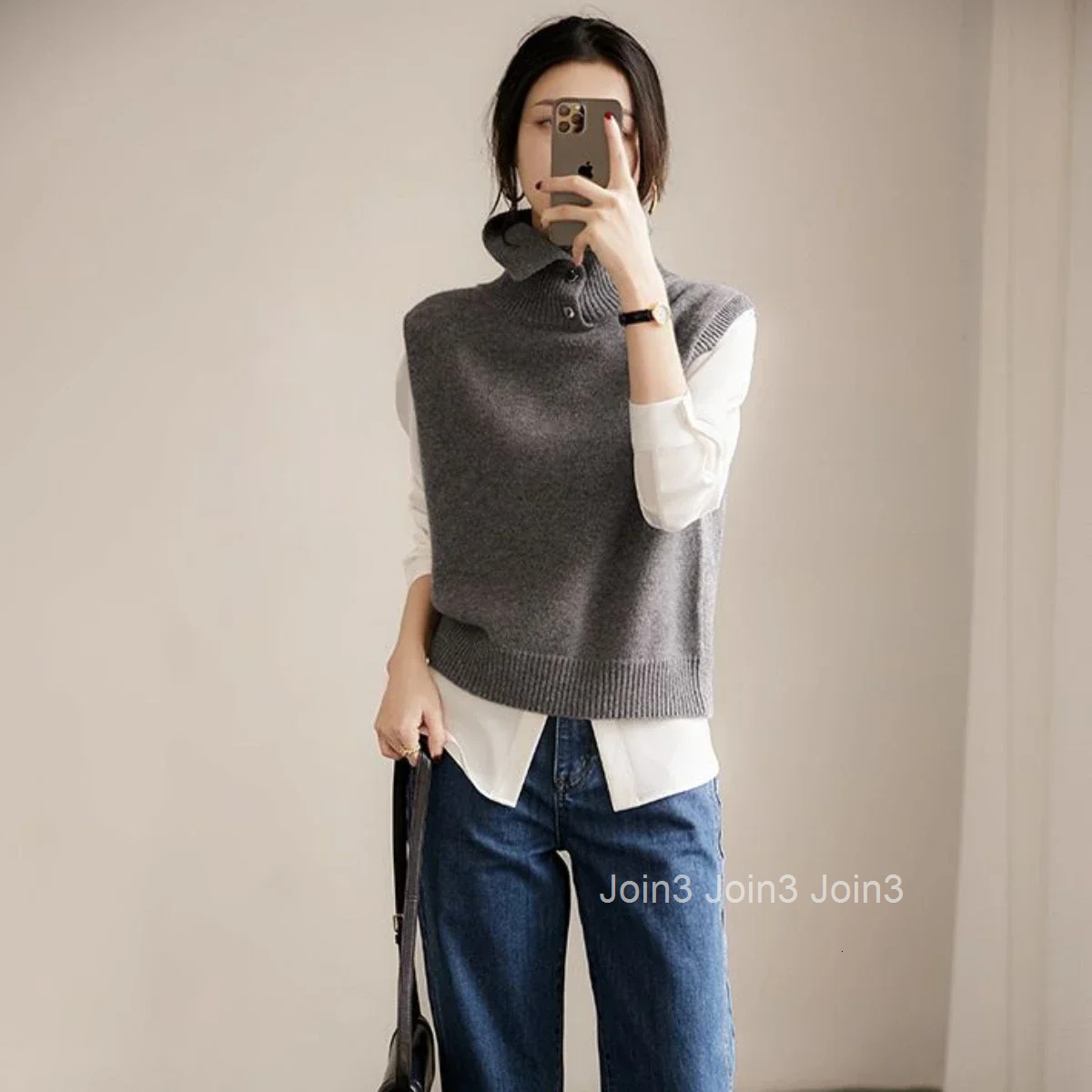 Winter Button Ladies Sweaters Grey Knitted Top for Women Gigh Neck Jerseys Vest Turtleneck Autumn 2025 Cold Jumper Korean Luxury