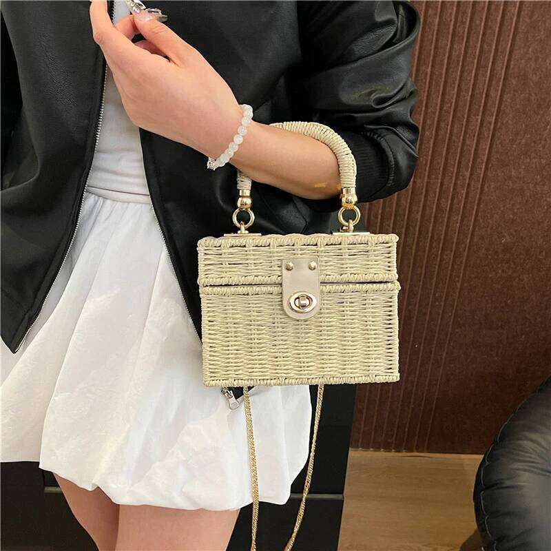 Rattan Straw Shoulder Bag Women Boho Hand-Woven Basket Messenger Pouch Summer Beach Square Box Top-handle Handbag for Lady
