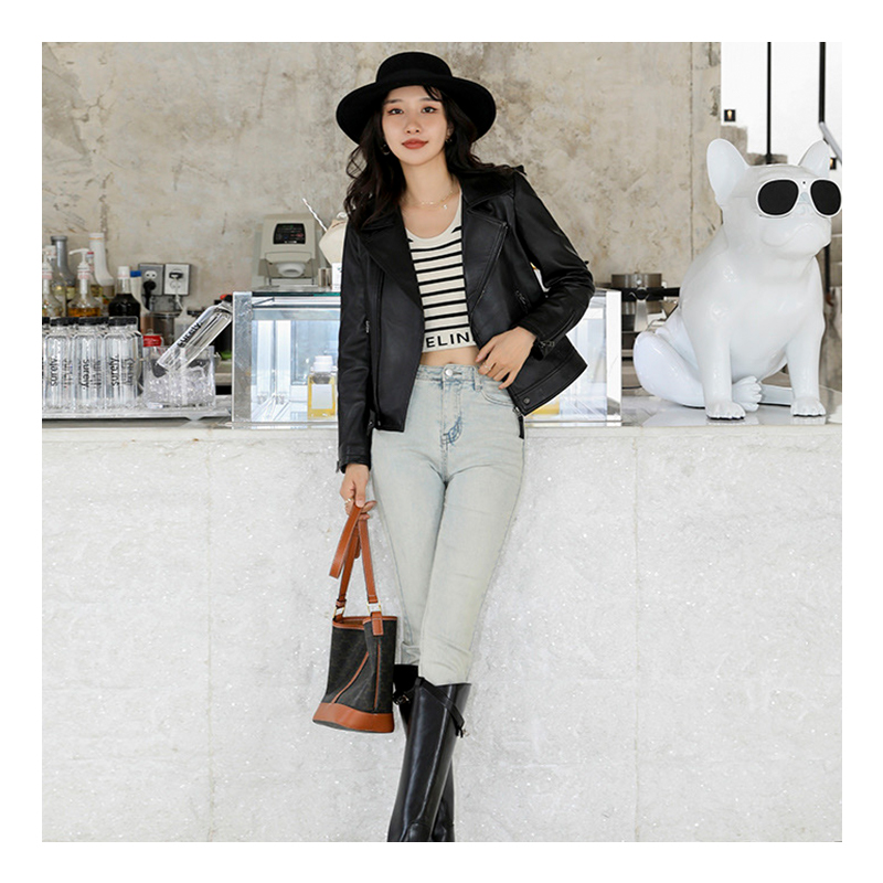 Womens Leather Jacket with Short Suit Collar - Customizable Motorcycle Style