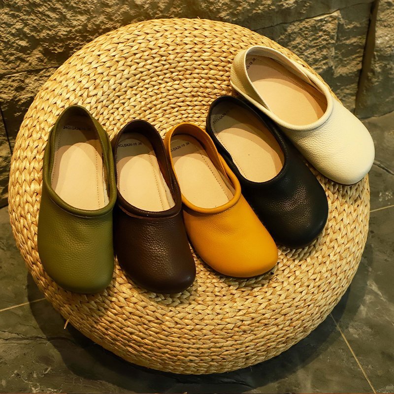 Round Toe Flat Genuine Leather Women's Shoes, Slip-On Two-Way Slippers, Comfortable Cowhide Casual Shoes ddmythur