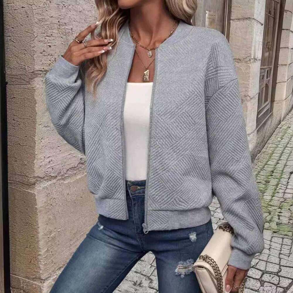 Jacket, for women, with zipper, solid color, fashionable, European and American style, 2024