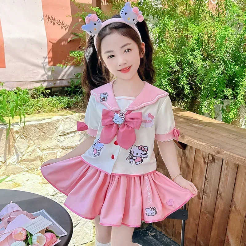 Sanrio Kawaii Sanrio Hello Kitty Children CosPlay Academy Style Pleated Skirt Girl Princess Clothes Childrens JK Uniform Birthday Gift XJ250618