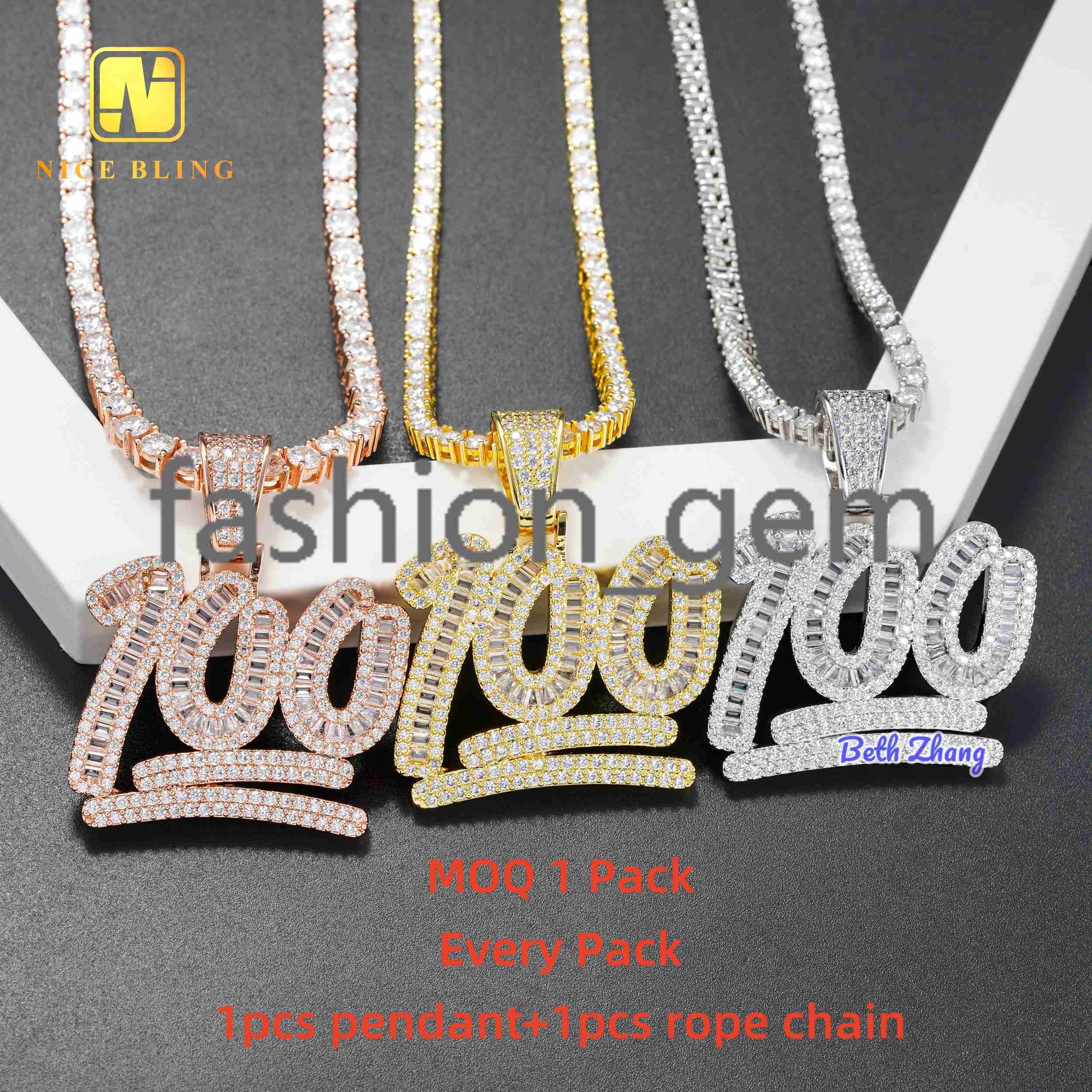 Pass Diamond Tester Custom Hip Hop Jewelry 100 Points Iced Out Number Pendant 925 Silver baguette Moissanite Diamond Pendant