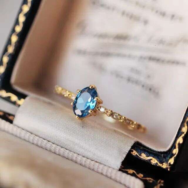 Natural London Blue Topaz Horse Eye Ring New Light Luxury Versatile Fresh Style