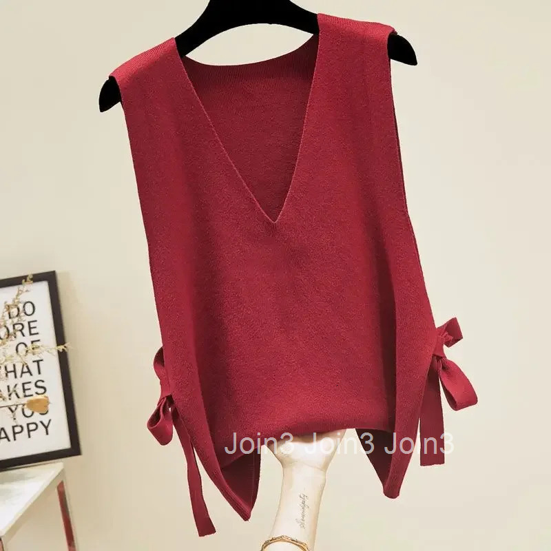 V-neck Red Knit Tops For Woman Black Womens Sweater Vest Modern Streetwear Cold Winter Trend Unique Offers Jumper Korean Style