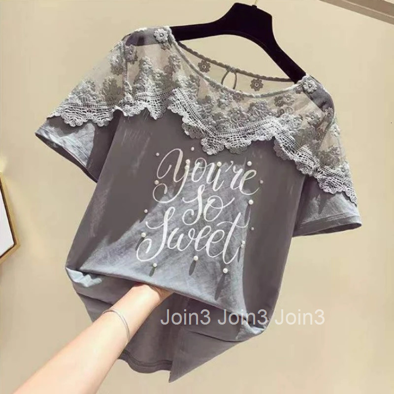 T Shirt for Women Baggy Short Sleeve Summer Outfit Graphic Tops Woman Mesh Lace Basic Youthful Clothes Clothing Pulovers Kpop