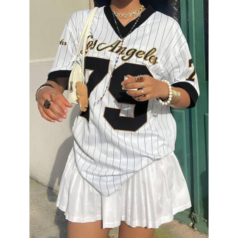 2025 Sports Style Trendy American Jersey Loose Street V-neck Striped Short Sleeve T-shirt Top 250407