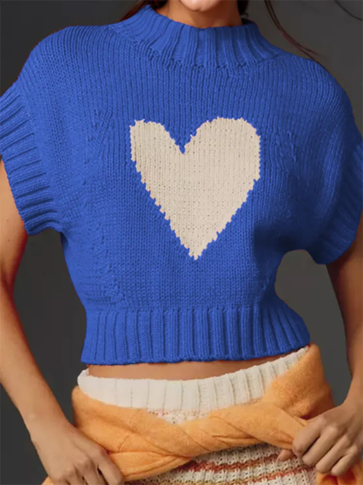 CHRONSTYLE Womens Short Sleeve Sweaters Heart Pattern High Neck Crop Knitted Pullovers Tops Casual Streetwear Party Jumpers 250614