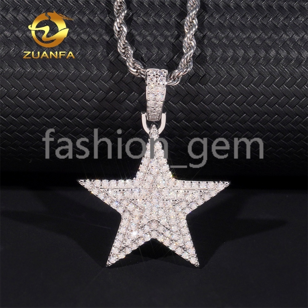 Fine Jewelry Double Pentagram Design Custom Iced Out Hip Hop Moissanite Pendant 925 Silver VVS Moissanite Diamond Charm Pendant