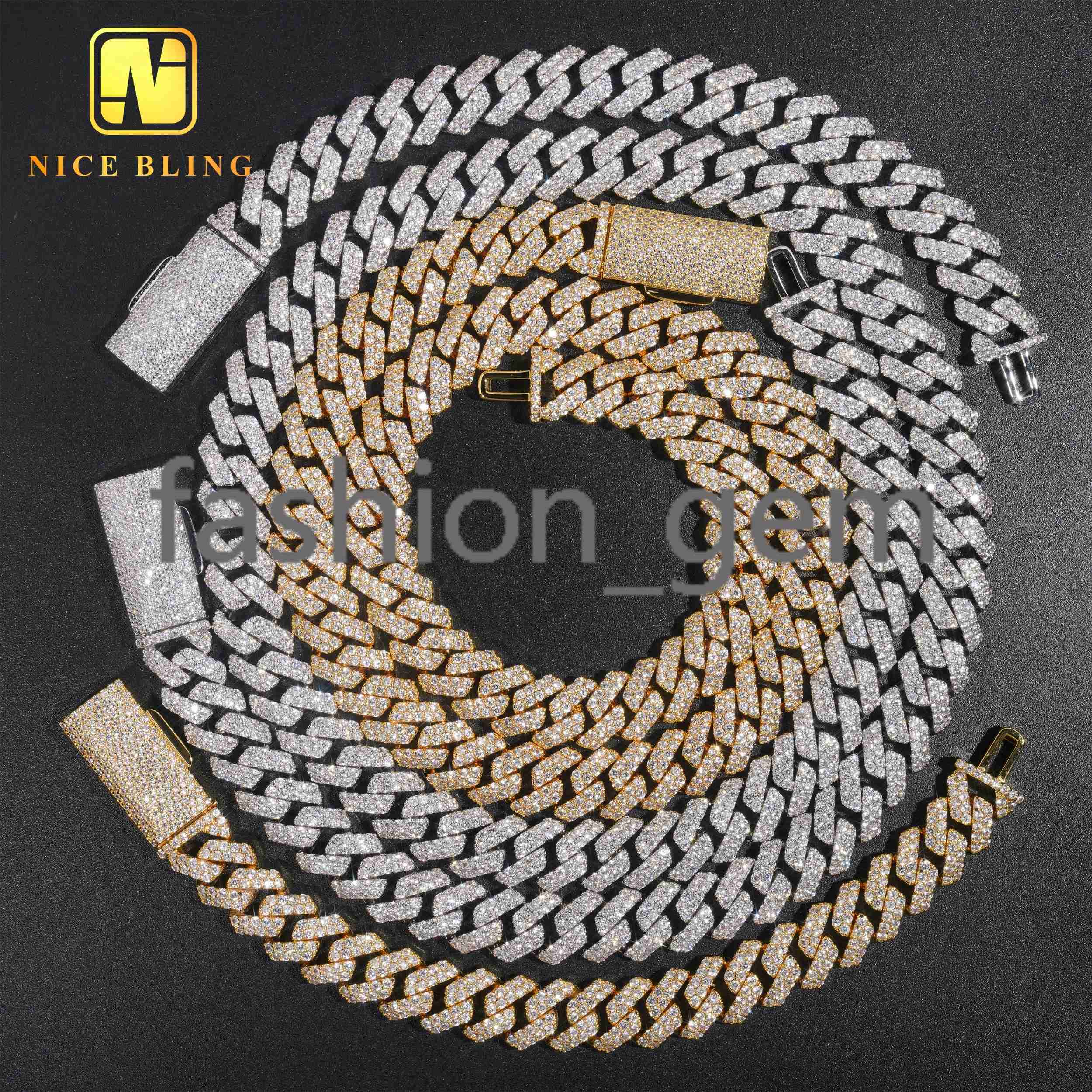 18K Gold Plated Brass Cuban Chains Fashion Hip Hop Men 12mm moissanite Cuban Link moissanite moissaniteia Necklace and Bracelet
