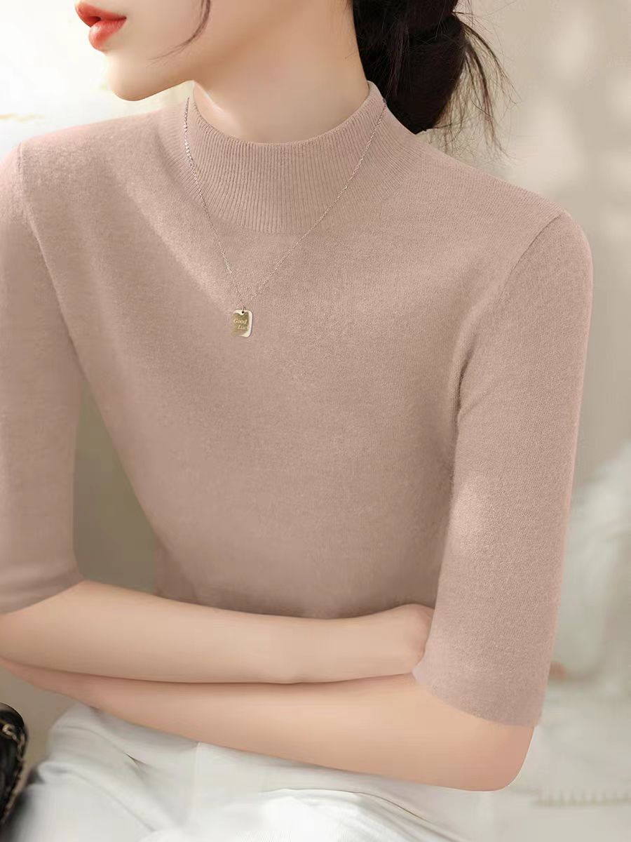 Spring and Autumn Women's T-shirt simple French temperament solid color five-quarter sleeve bottoming shirt